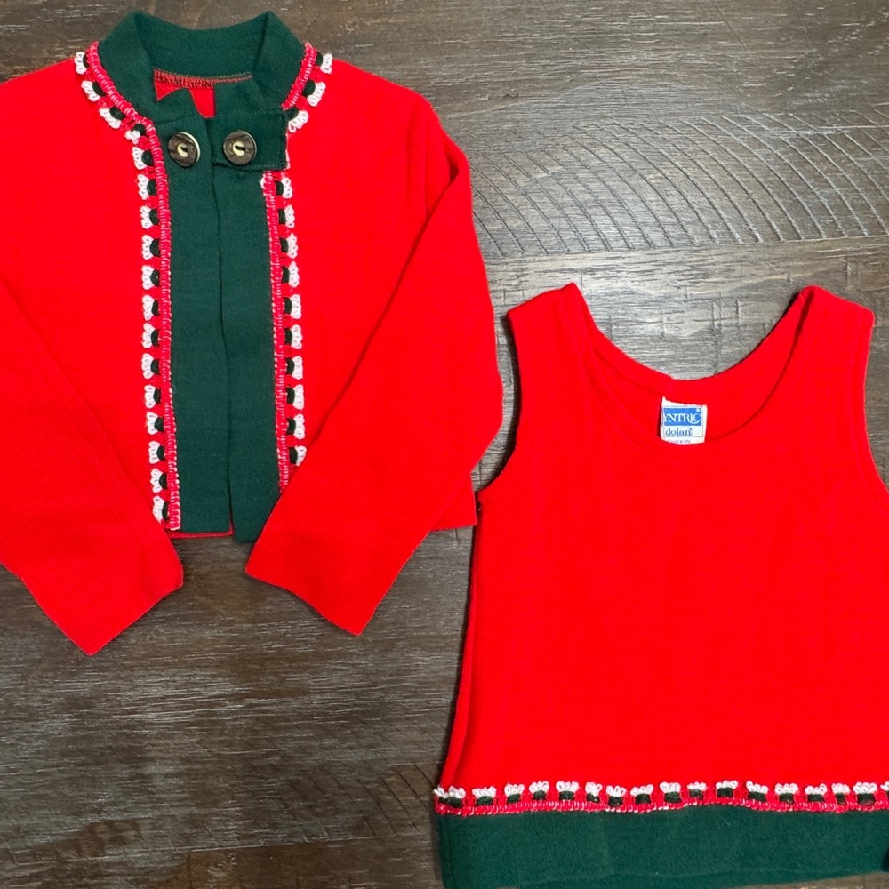 VTG 70s 80s Syntric Dolan Germany Red Green Knit Girls Cardigan Tank Set 2T 24M